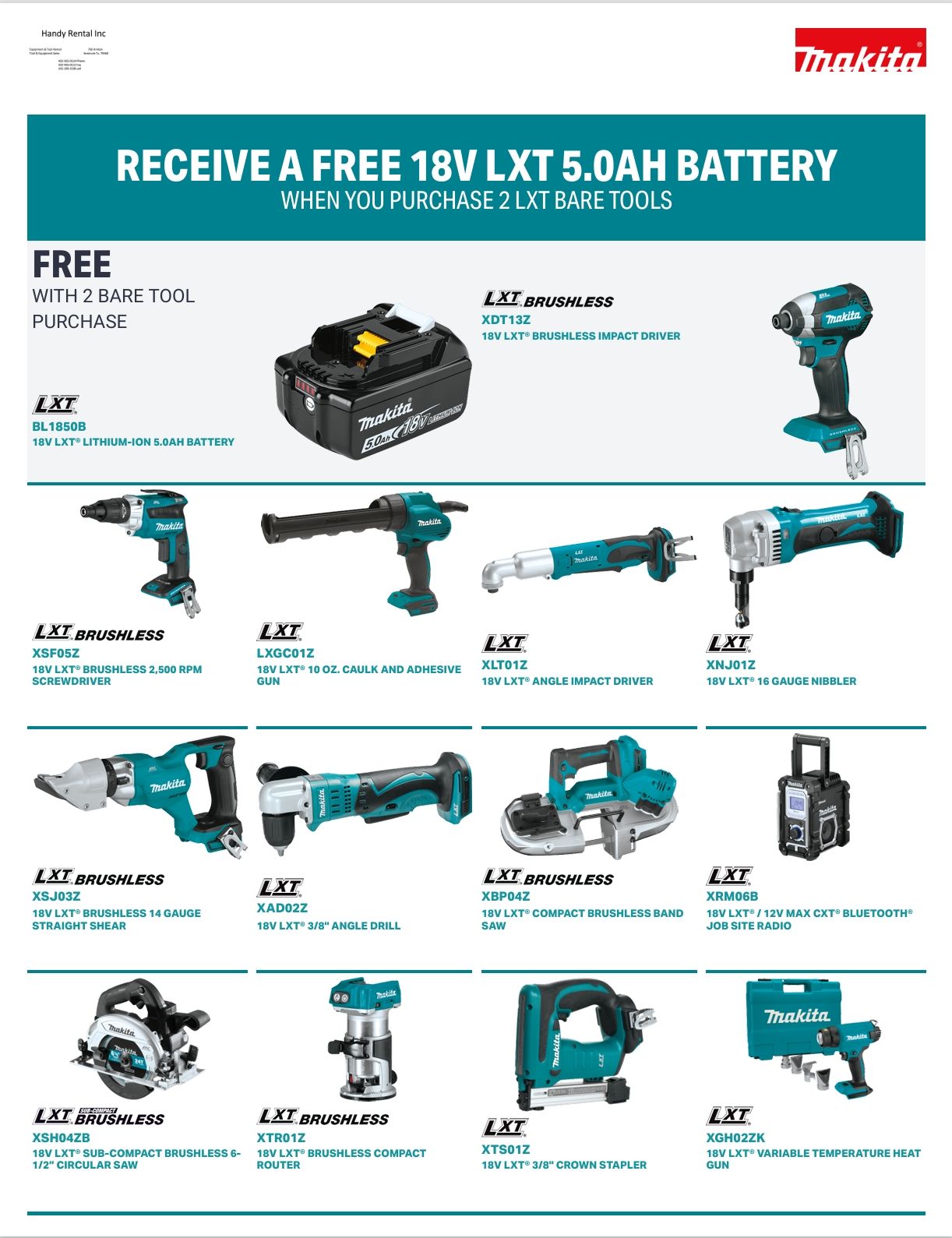 Makita promo flyer with free 18V LXT battery and several teal power tools on a white background