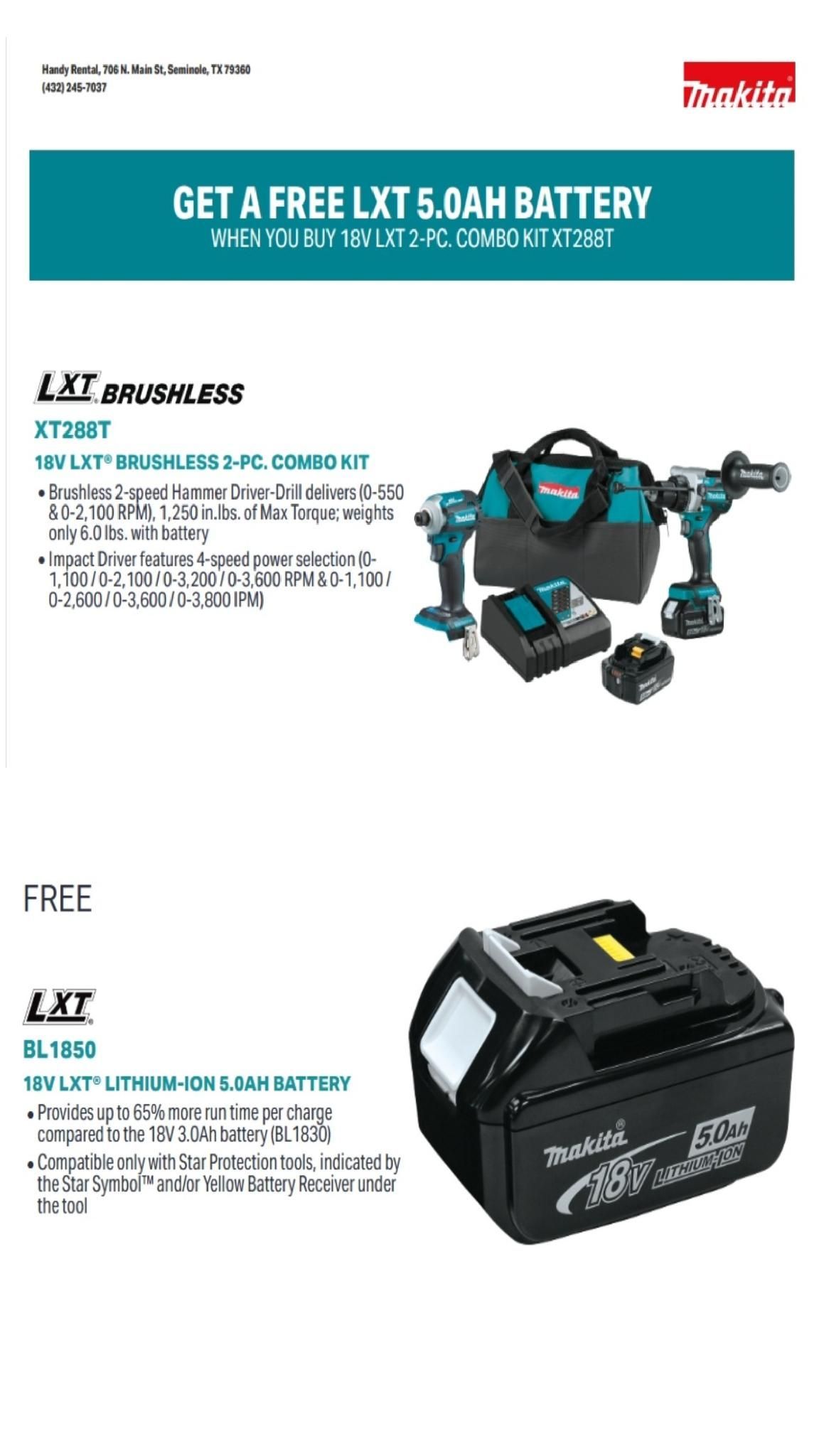 Flyer showing a teal 18V cordless leaf blower and a black battery pack on a white background