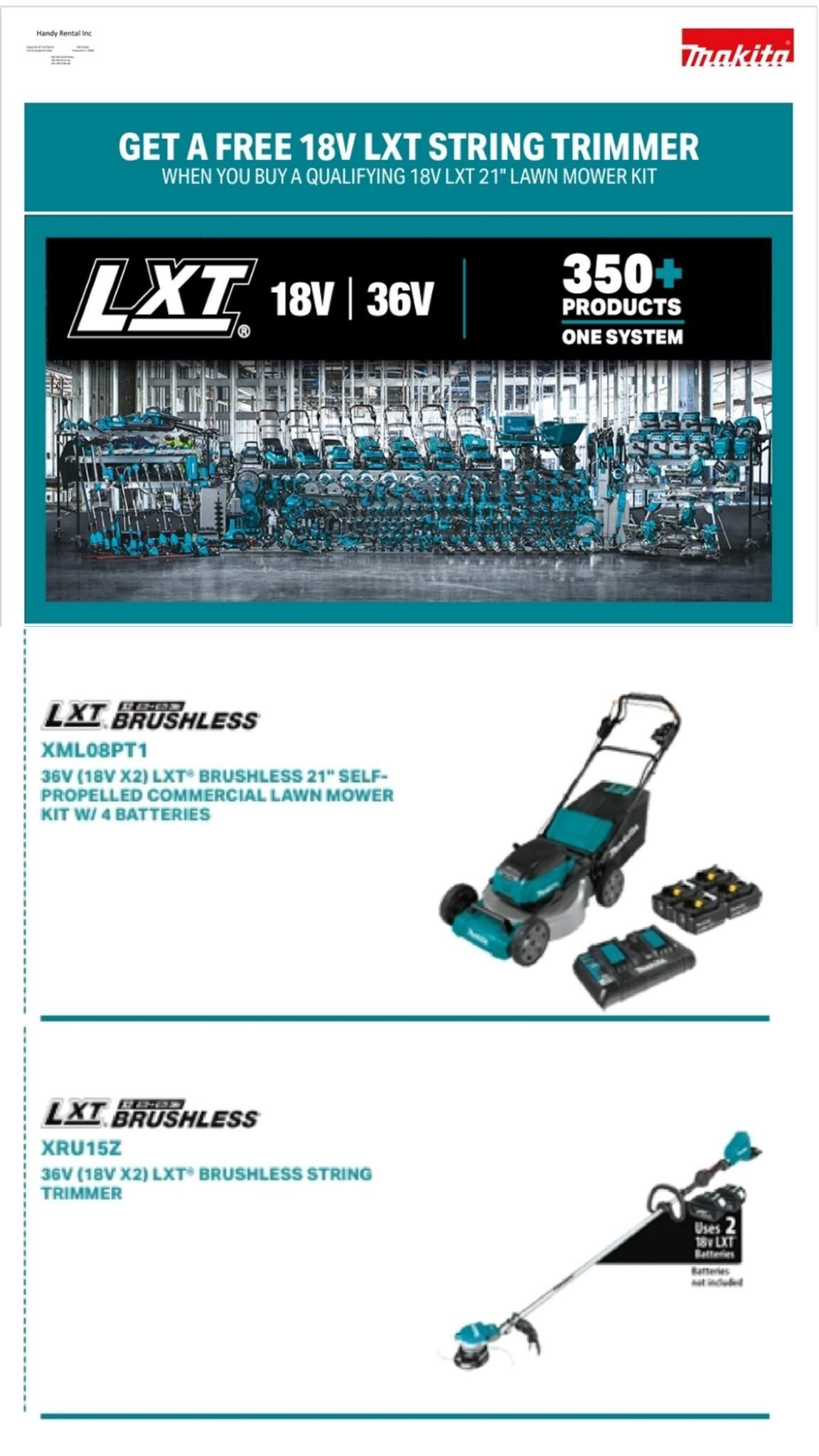 LXT 18V 36V cordless lawn mower and string trimmer ad with teal-and-black tools on white background