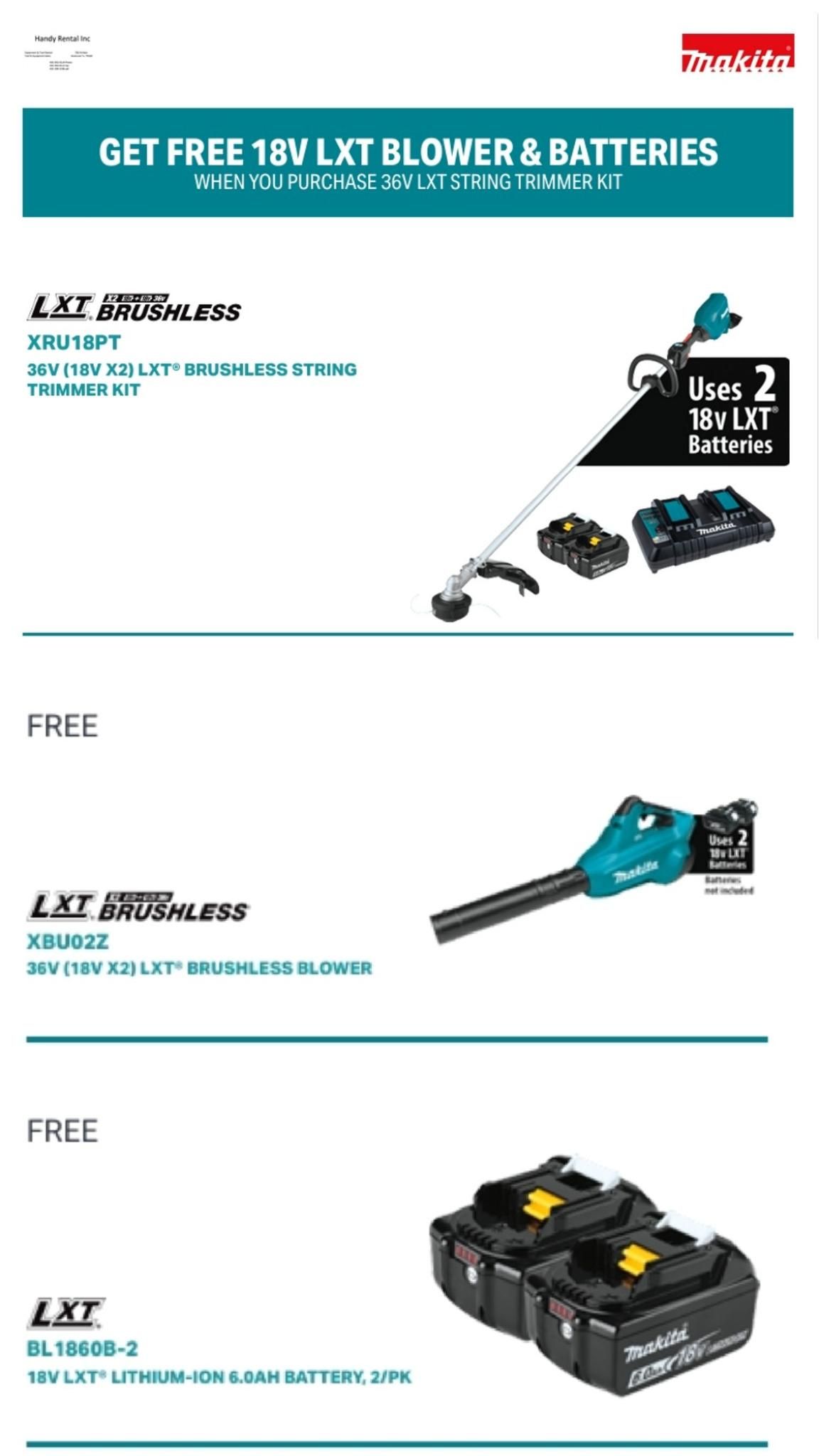 Promotional page for LXT 18V tools and batteries, showing a blower, chainsaw, and battery pack.