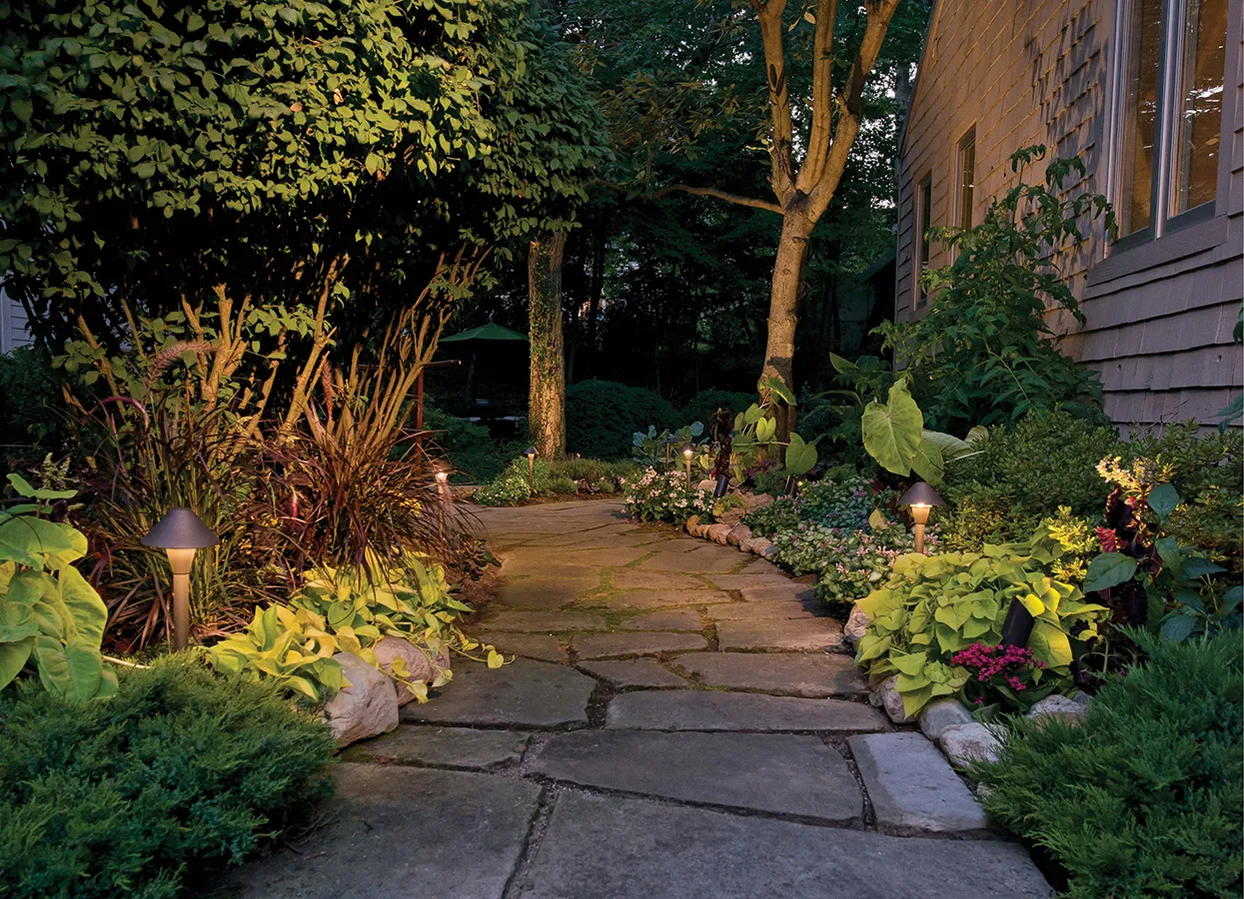 A stone walkway leading to a house is lit up at night.