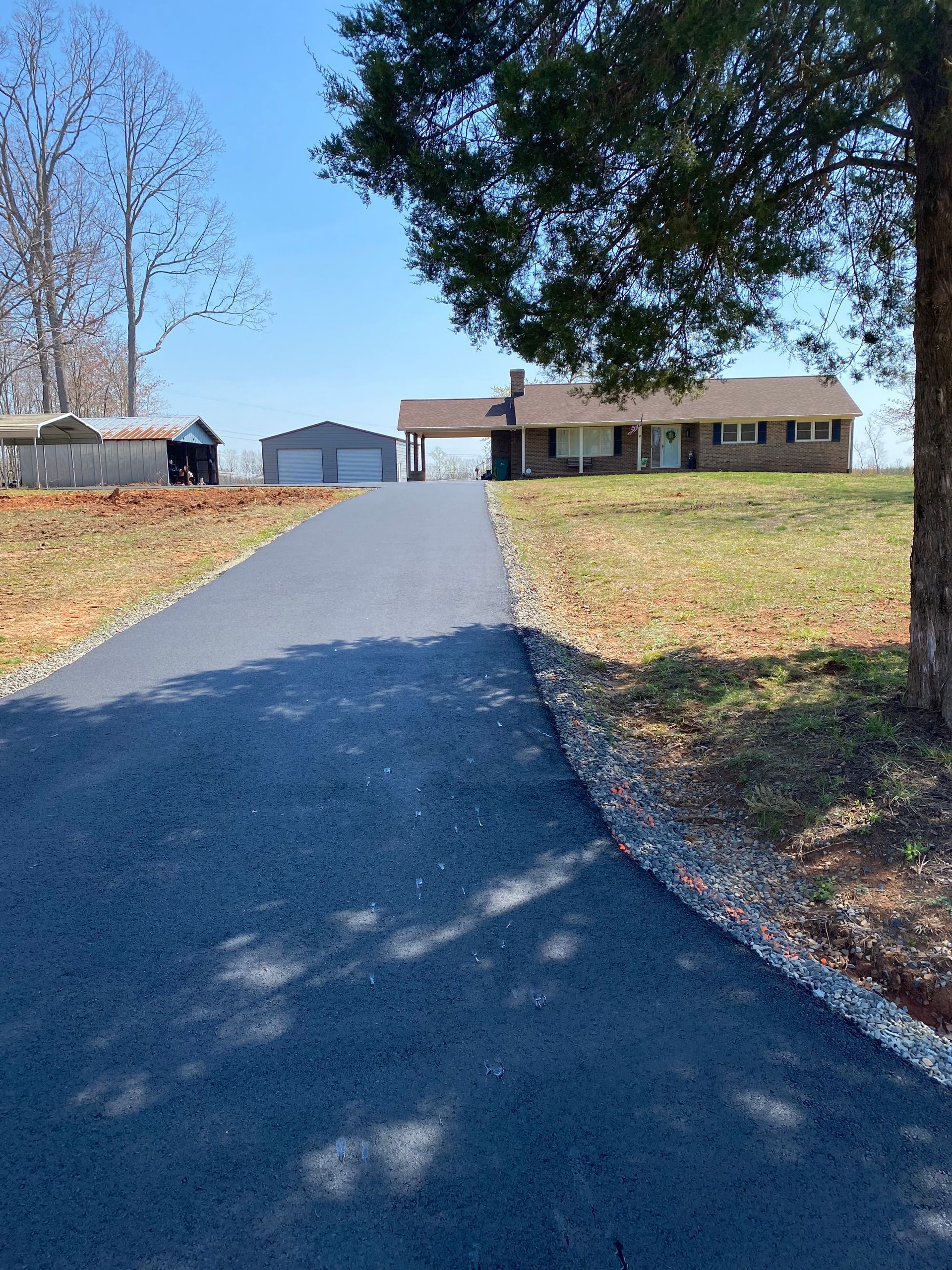 a driveway leading to a house with a tree in the foreground