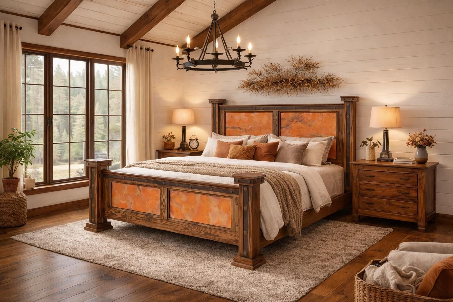 Cozy rustic bedroom with wood bed, white walls, lamps, rug, and large windows with natural light.
