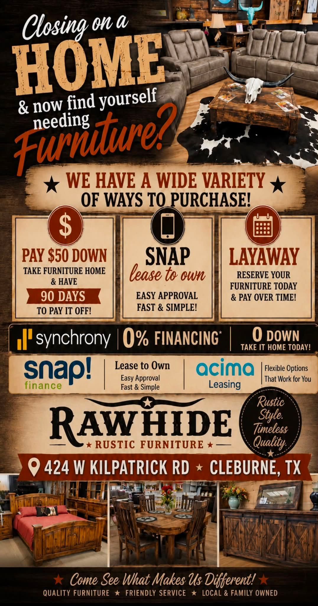 Rustic “Coming Home to your furniture?” ad with farmhouse decor, payment options, and Rawhide store details.
