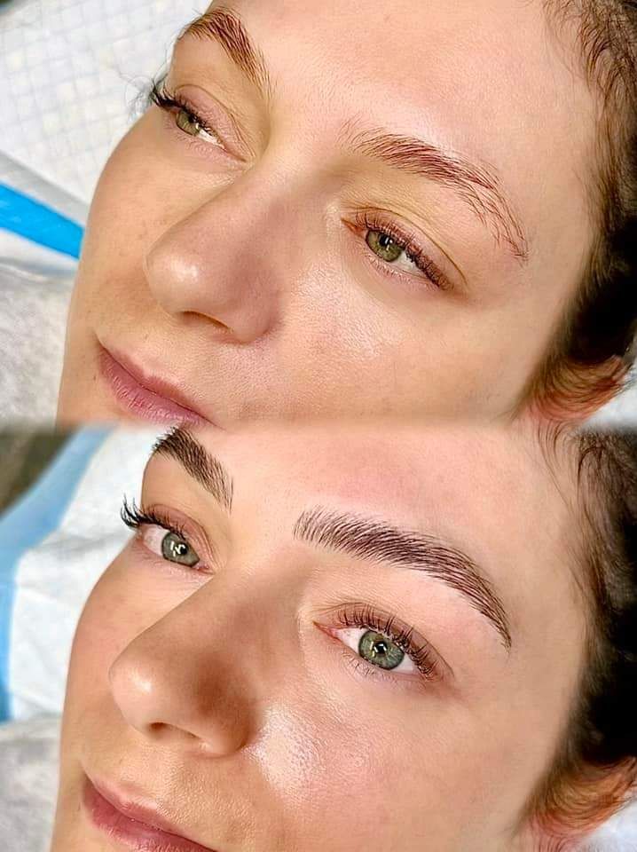 A before and after photo of a woman 's eyebrows.