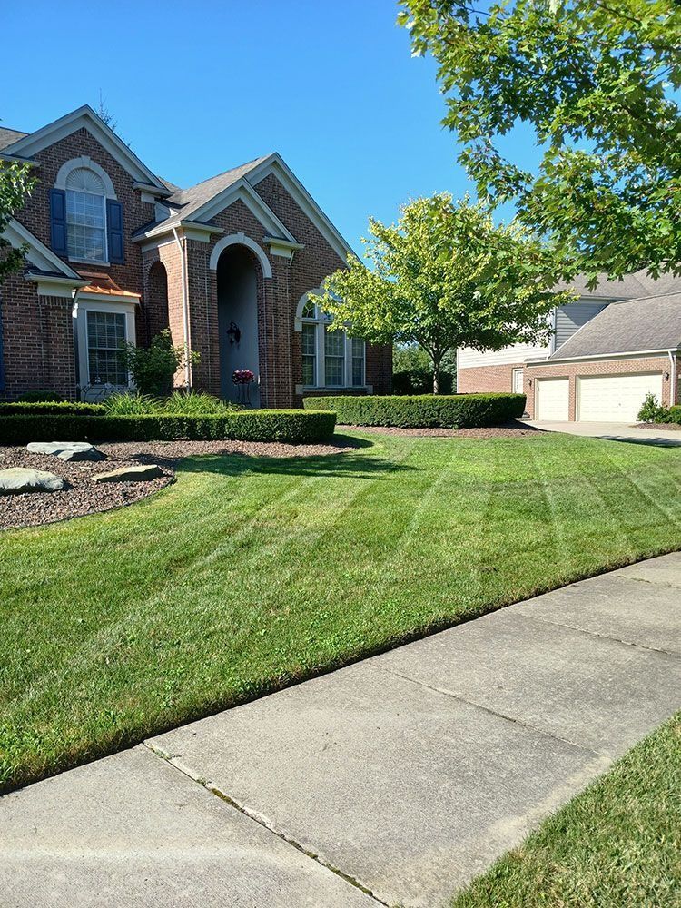 A brick house with blue shutters, a manicured lawn, and a sidewalk on a sunny day.