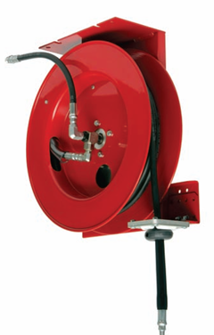 Red, wall-mounted hose reel with black hose coiled around it, ready to dispense air.