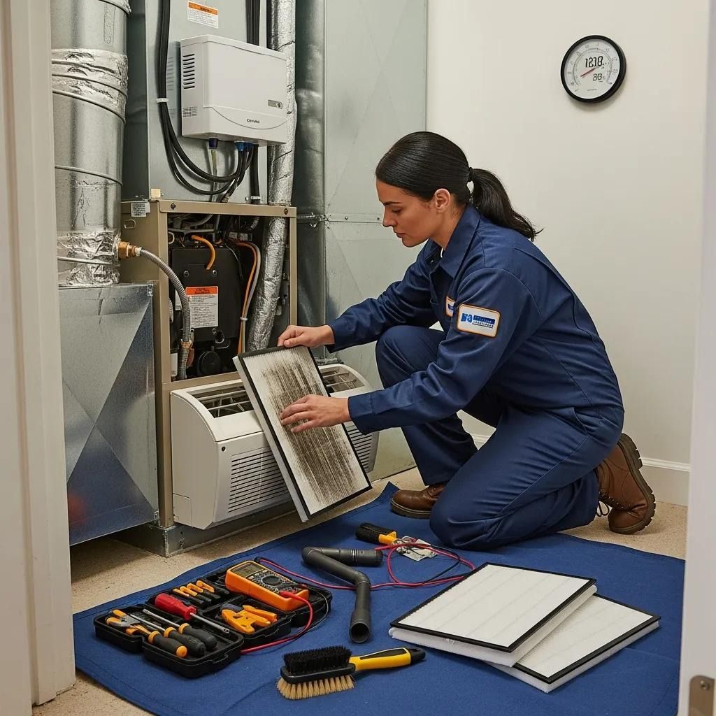 Technician in blue coveralls inspects an open electrical control panel with tools on the floor.