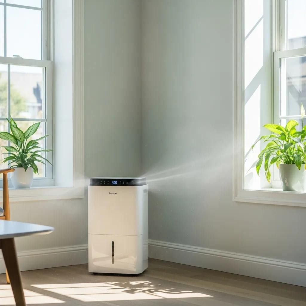 A white air purifier in a bright room beside windows and potted plants.