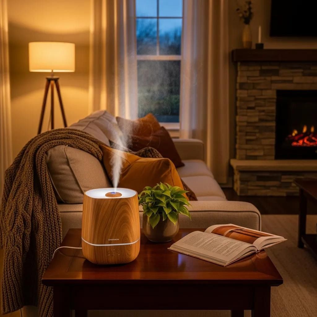 Cozy living room with glowing humidifier on a table, lamp, couch, book, plant, and fireplace at dusk
