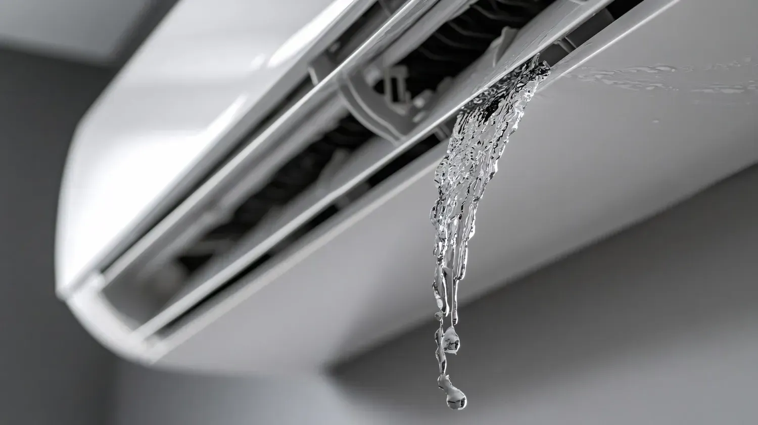 Water leaking from a wall-mounted air conditioner vent onto a gray surface
