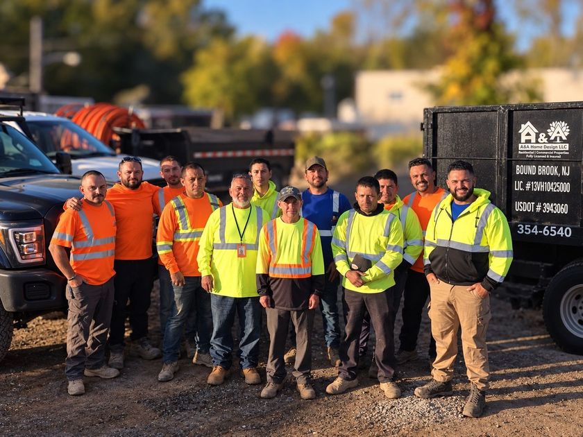 Group of workers in orange and neon safety gear standing in front of trucks at a worksite