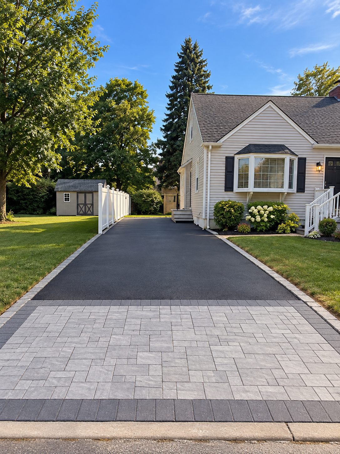 Long black driveway leading to a white house with a gray roof and front lawn.