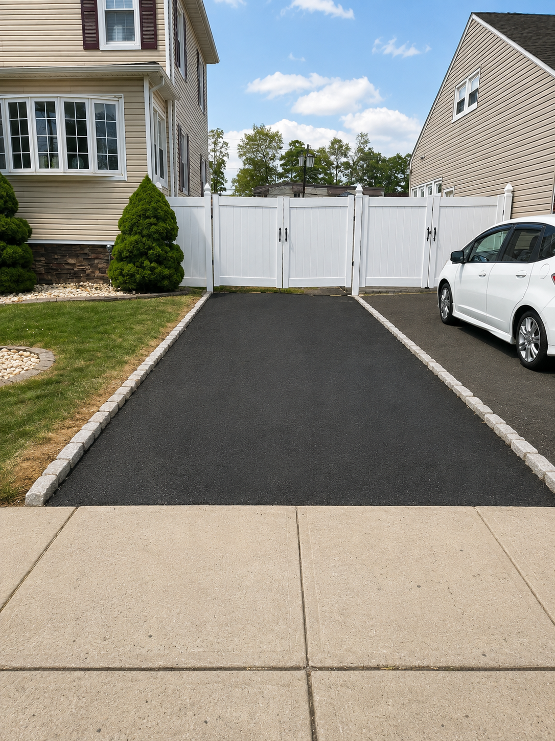 Freshly paved black driveway leading to a white gate