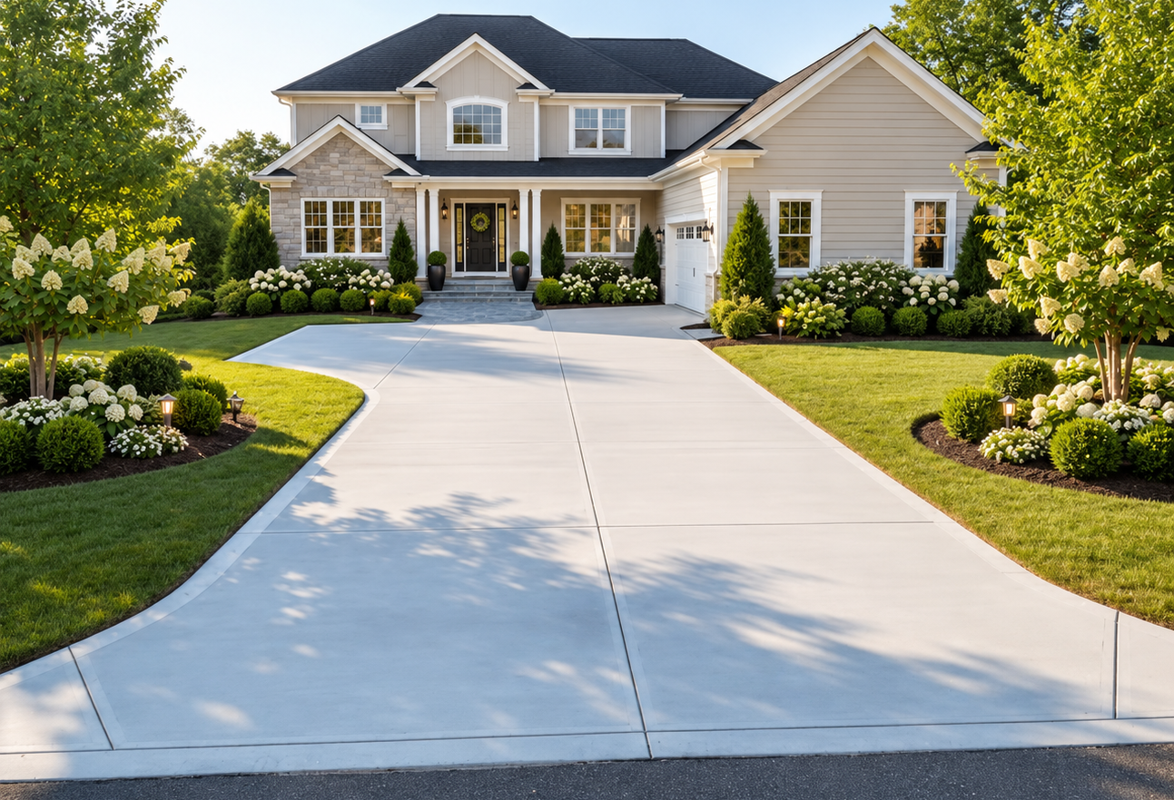 Long black driveway leading to a white house with a gray roof and front lawn.