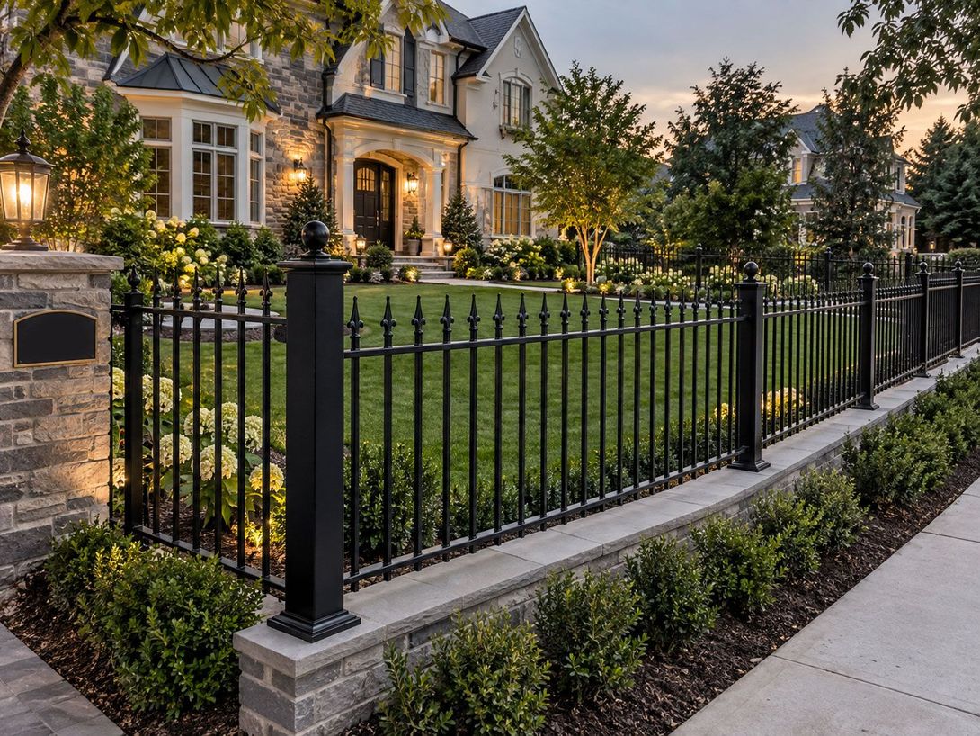 Luxury stone house with lit windows behind a black iron fence and manicured lawn at dusk