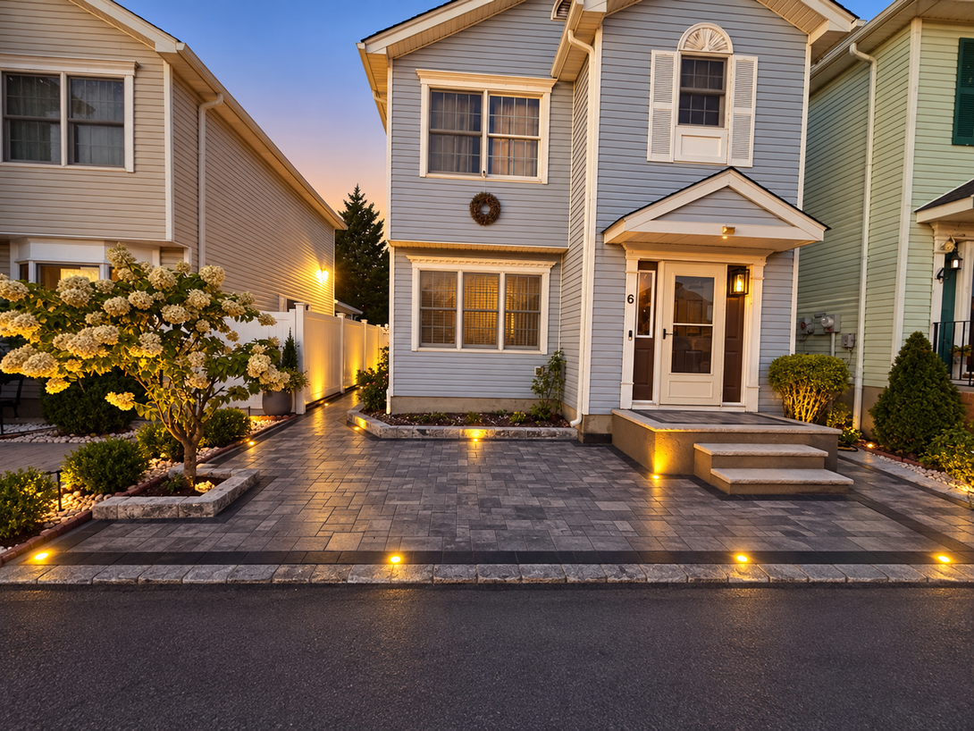 Modern two-story house with lit stone walkway and porch at dusk