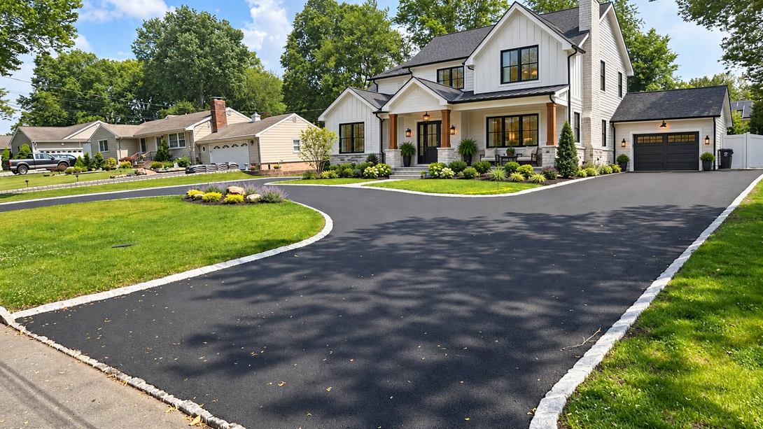 Suburban house with a freshly paved driveway, landscaped lawn, and blue sky