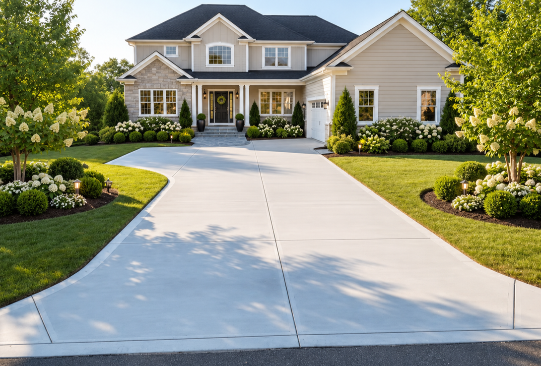 Large beige suburban house with a wide curved driveway and landscaped front yard