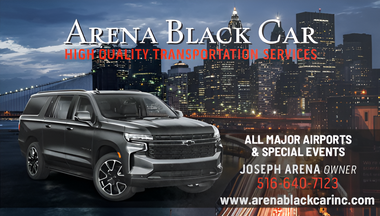 Black car service business card with a black SUV and a city skyline. Text includes business name, services, phone, and website.