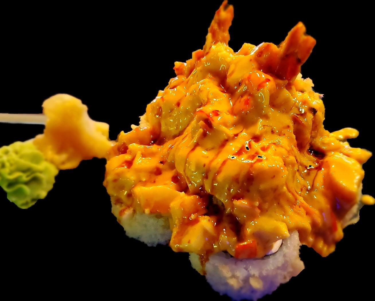 A close up of a piece of food on a black background