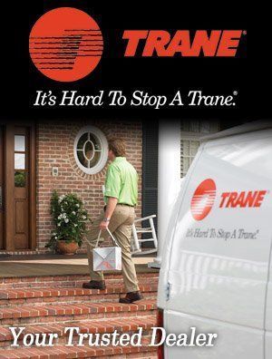 An ad for trane shows a man carrying a box