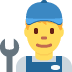 Cartoon mechanic with blue cap holding a wrench, wearing blue overalls on a white background