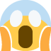 Shocked face emoji with wide eyes, open mouth, and hands on cheeks on a blue background