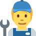 Cartoon mechanic in blue cap and overalls holding a wrench on a white background