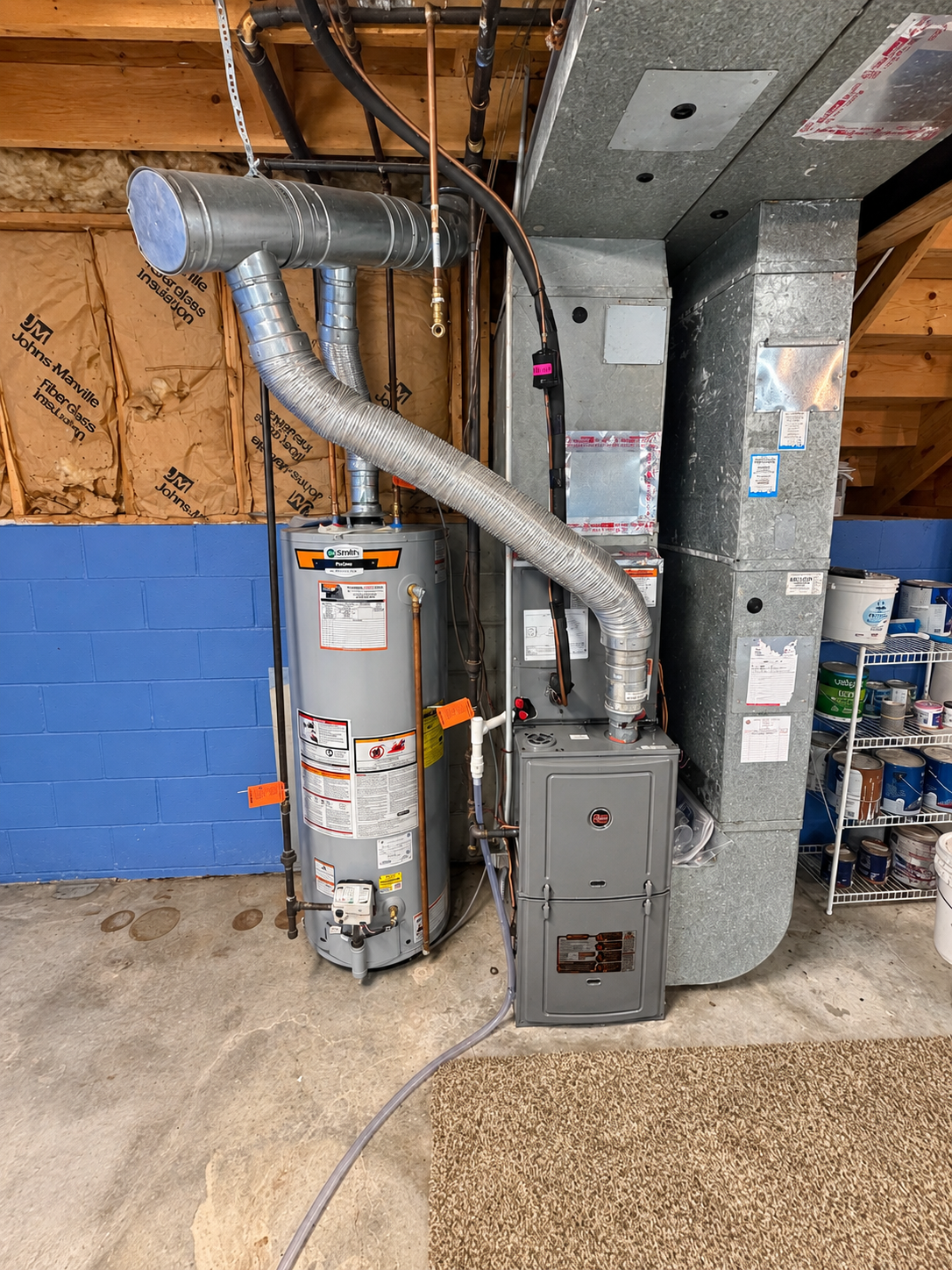 Basement utility area with furnace, water heater, and silver ductwork against unfinished walls.