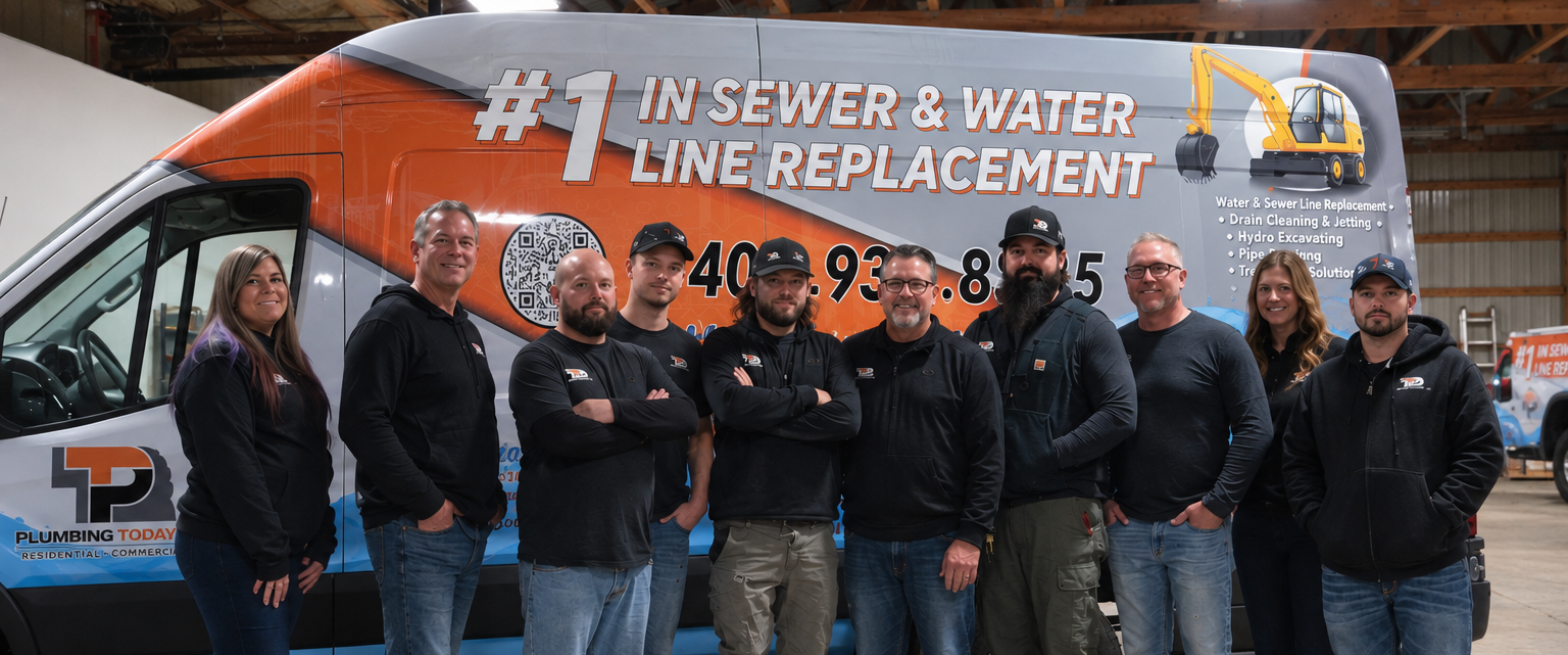 Team of workers posing beside a branded orange utility van in a parking lot