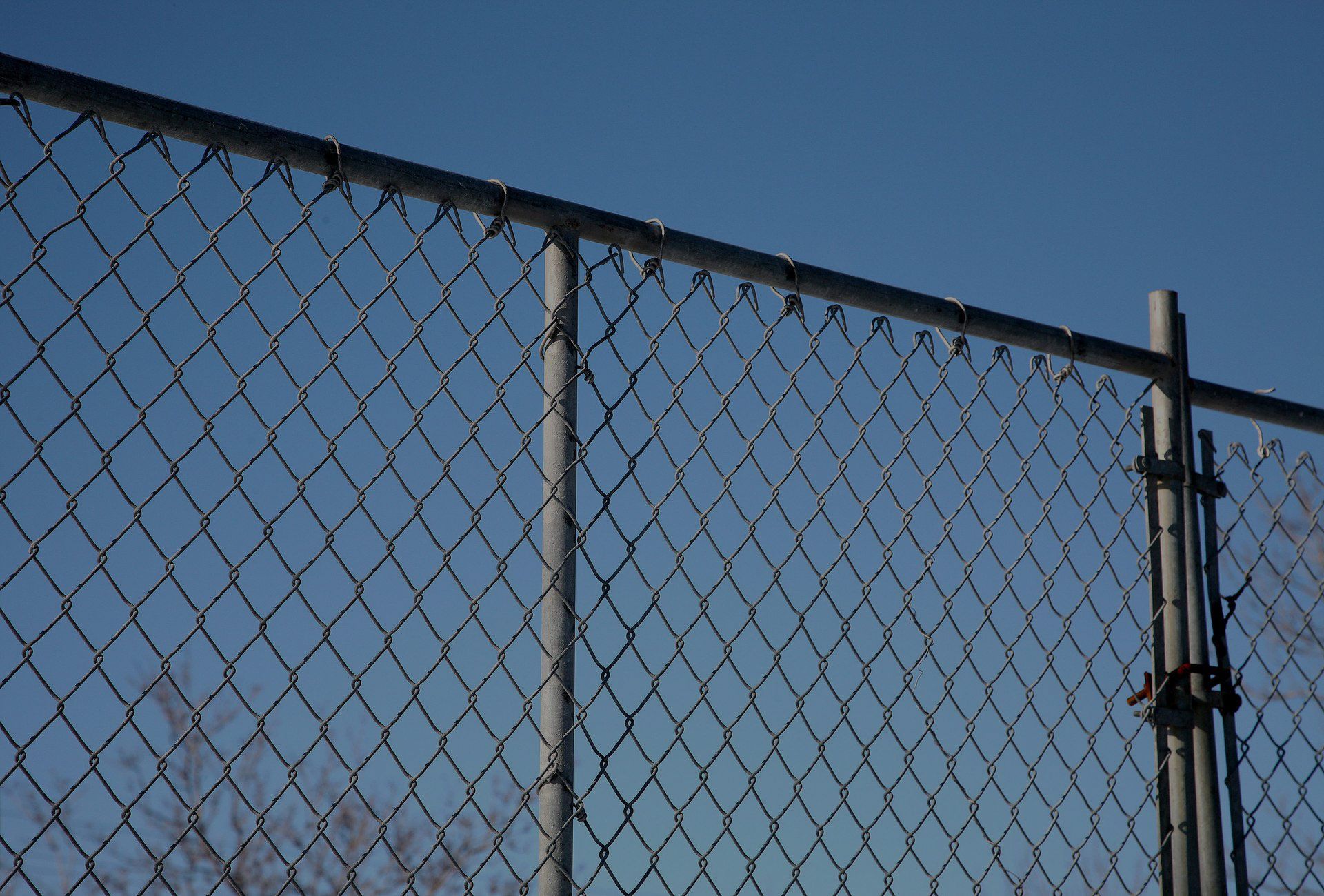Chain-link fence against a clear blue sky. The fence is metal, with a few leafless tree branches visible in the background.