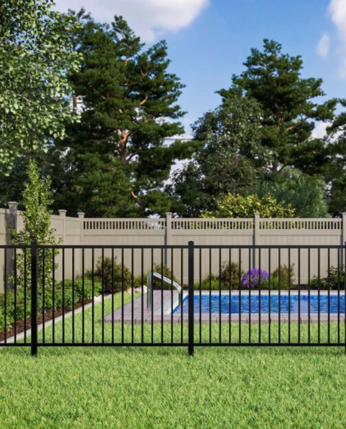 Black metal fence surrounding a backyard pool with a tan fence in the background; lush green grass and trees.