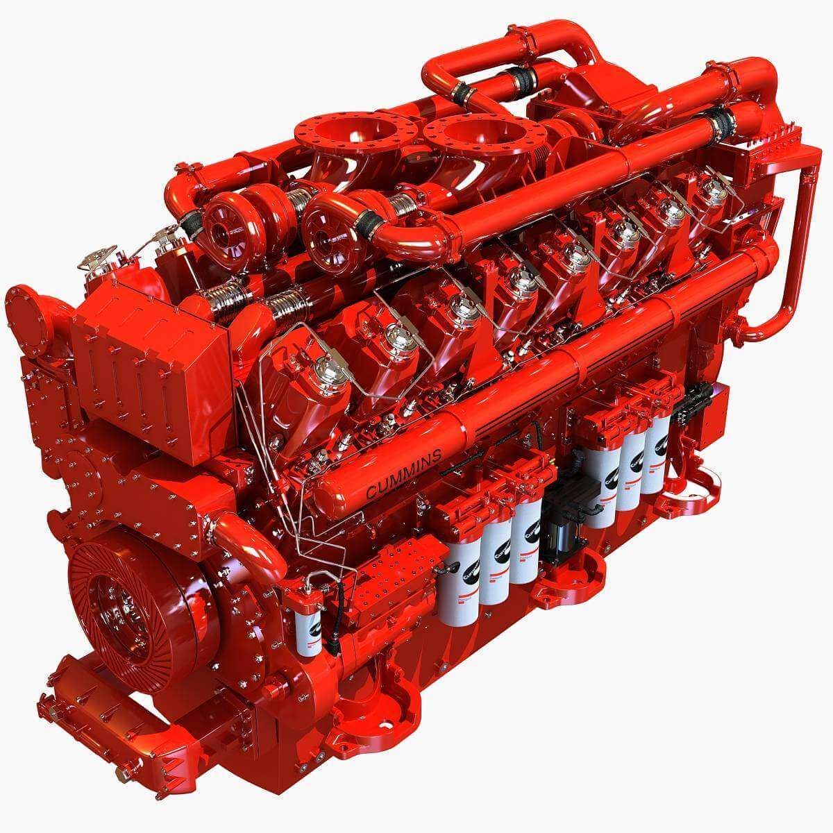 Red industrial diesel engine with various components and piping.