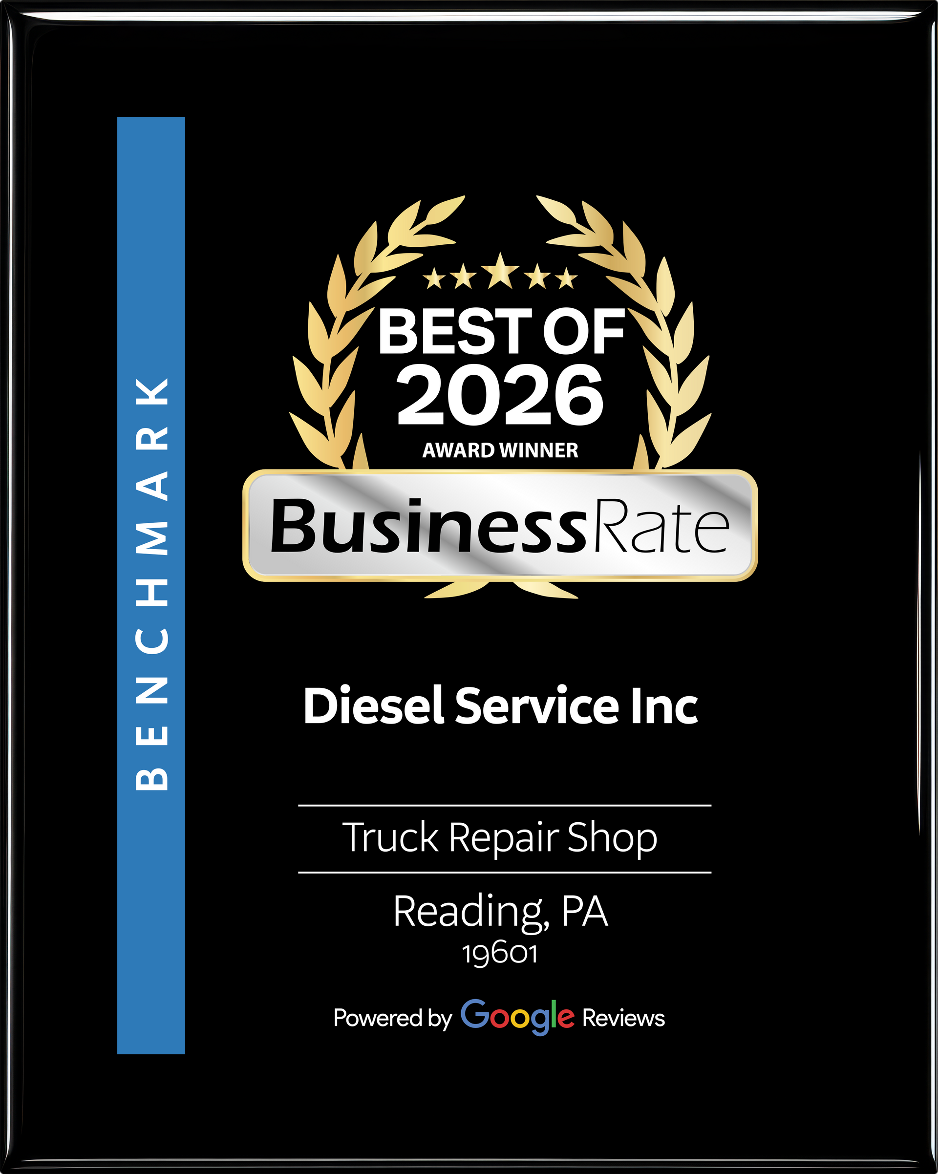 Black award with gold laurel wreath and text Best of 2026 and Diesel Service Inc, Truck Repair Shop, Reading PA.