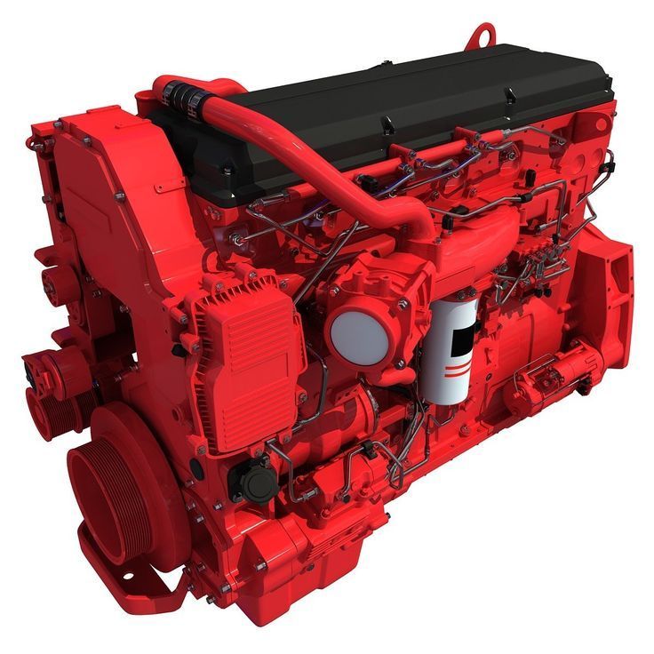 Red diesel engine with black top, hoses, and fuel filter.