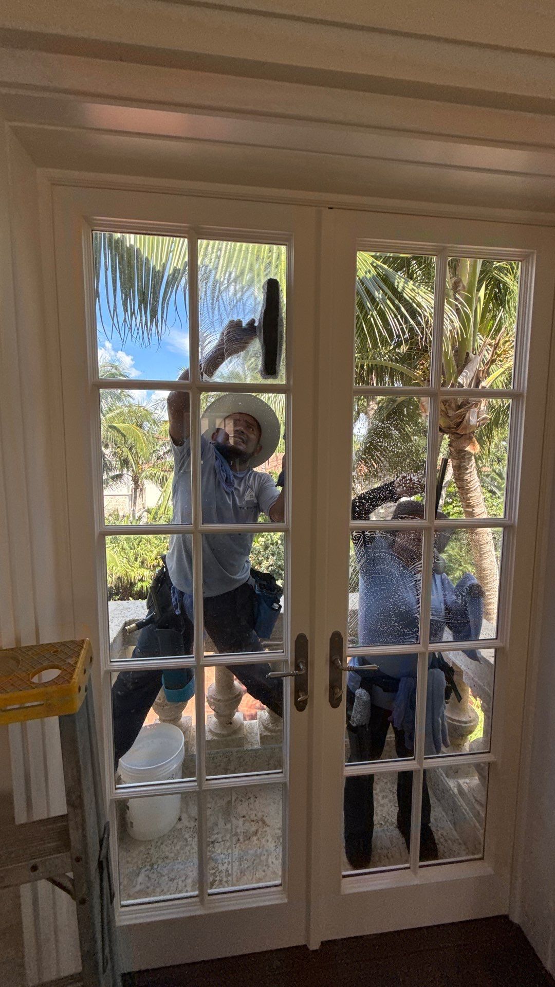 Two window cleaners washing French doors; tropical setting.