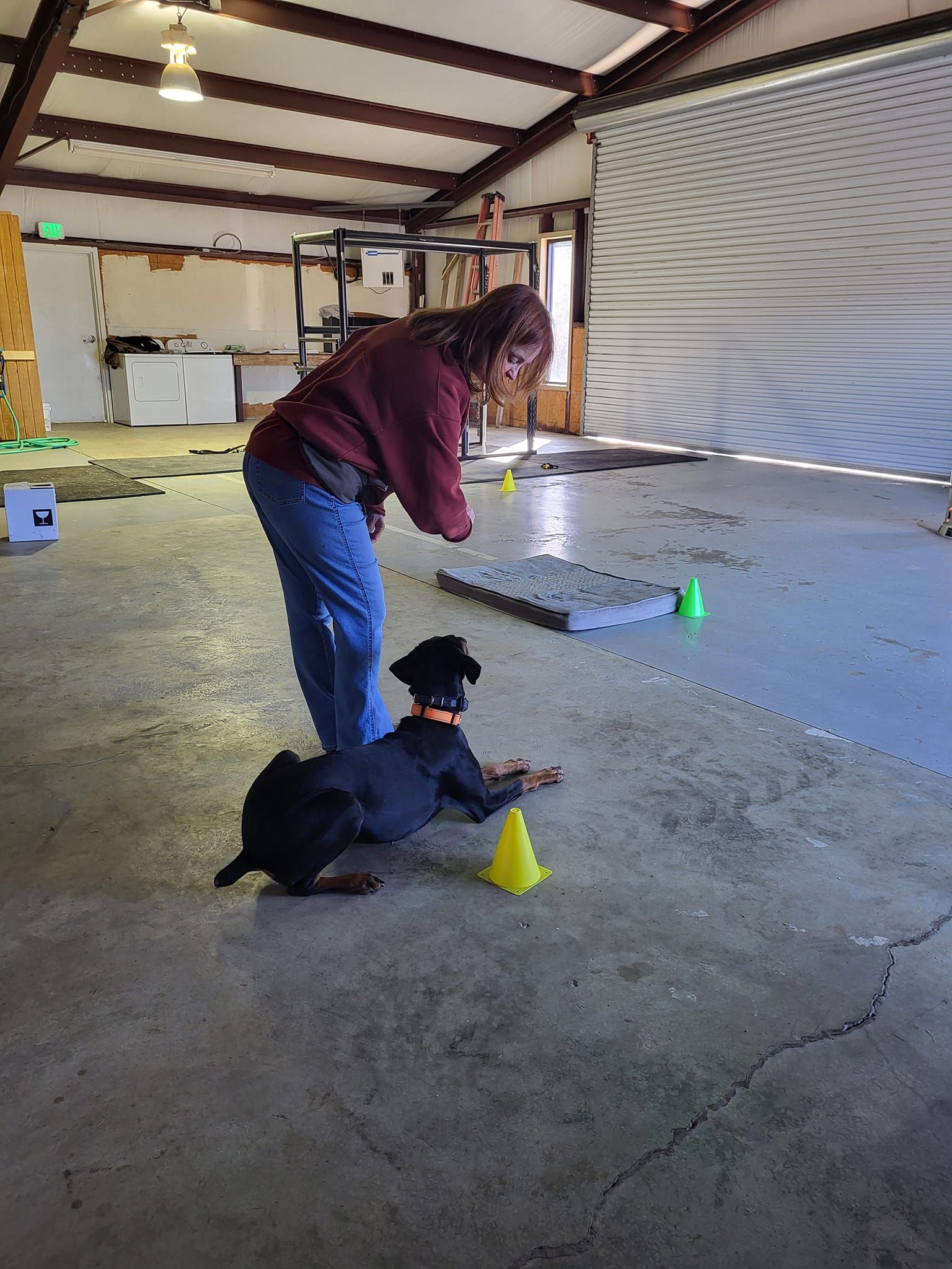 A woman is playing with a black dog in a garage