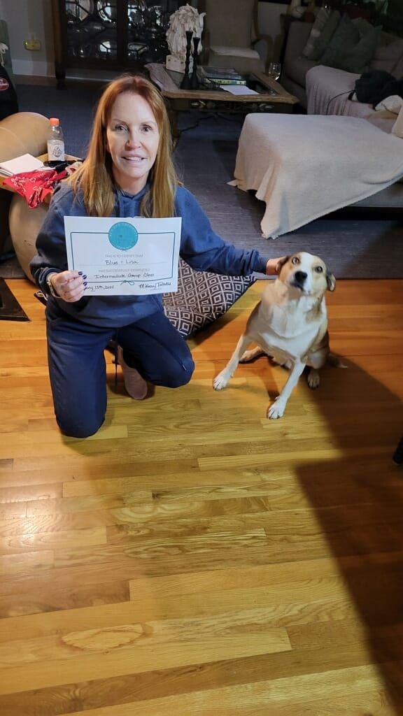 A woman is kneeling down next to a dog and holding a certificate