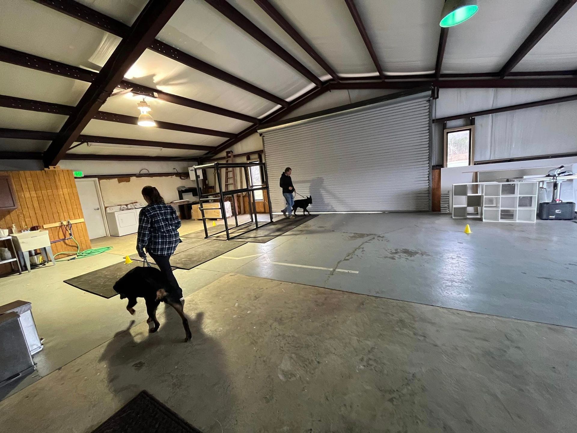 A man is walking a dog in a large room