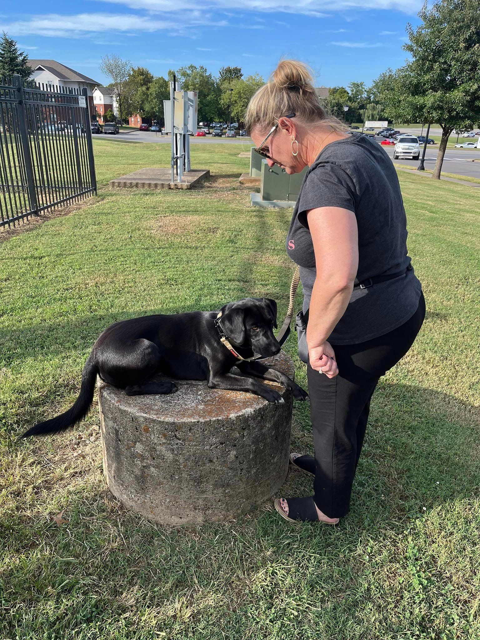 A woman is next to a black dog laying on a concrete block