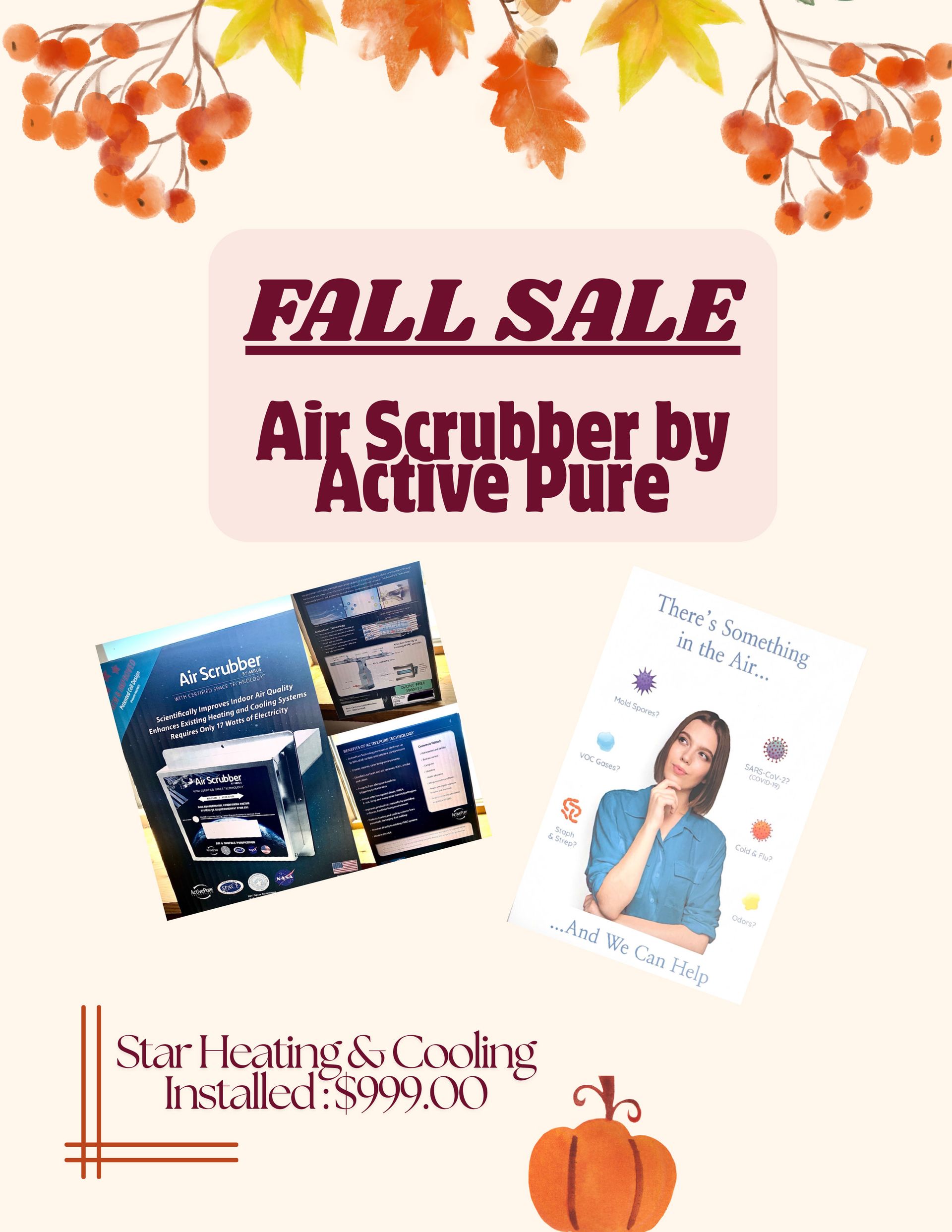 A fall sale poster for air scrubber by active pure