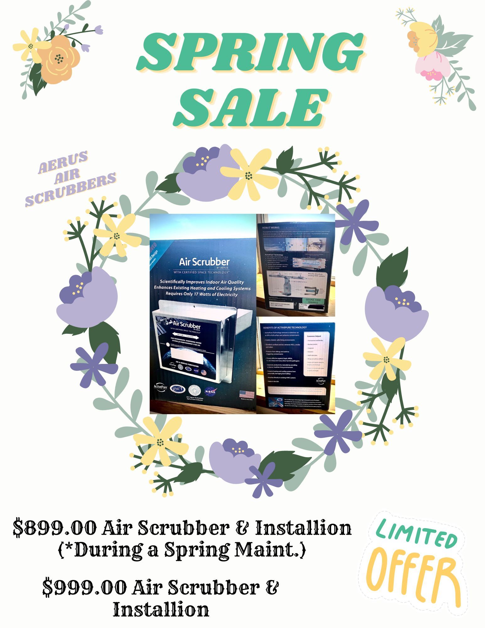 A spring sale poster with flowers and a picture of an air scrubber