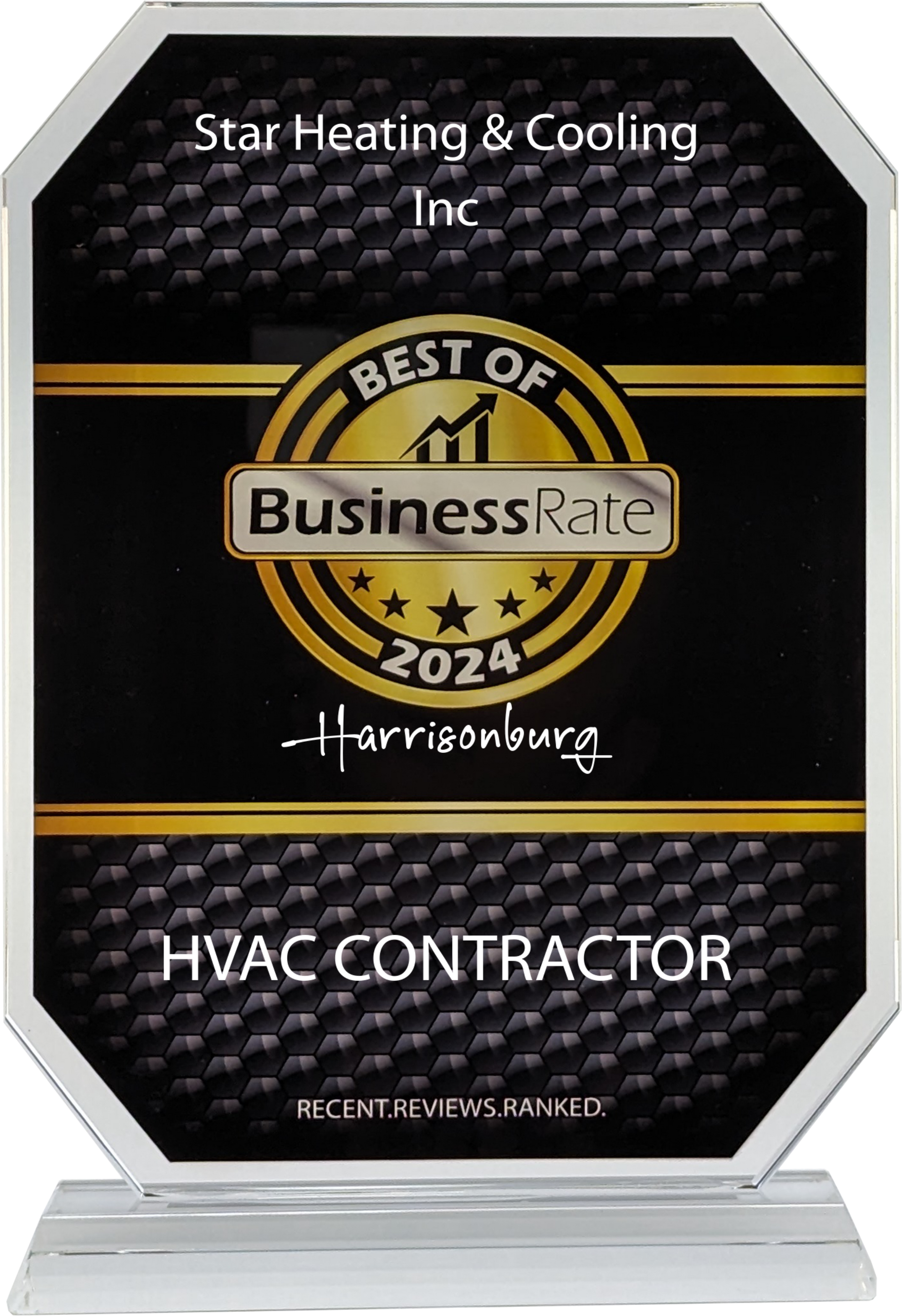 A plaque that says best of business rate 2024'' for an HVAC contractor