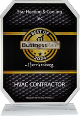 A plaque that says best of business rate 2024'' for an HVAC contractor