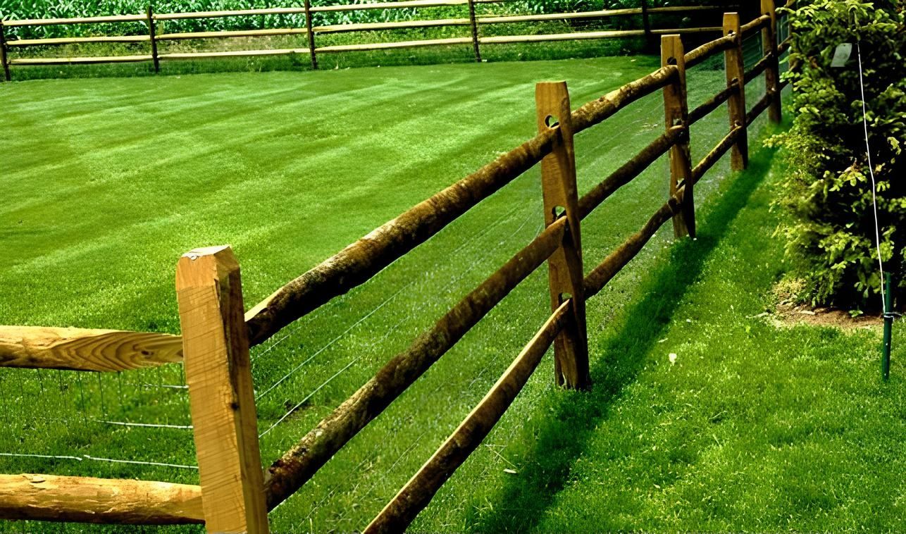 Wooden split-rail fence in a green grassy yard. The fence is made of natural wood, and the grass is neatly mowed.