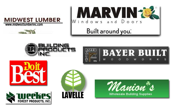 Midwest, Marvin, Building products Inc, Bayer Built woodworks, Doit best Weekes forest products, Inc, Lavelle, Manions Brand logos