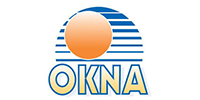 OKNA logo with an orange circle over blue curved lines and