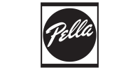 Pella logo: white cursive text