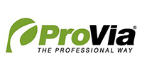 Logo of ProVia, a company, with a green leaf and the words